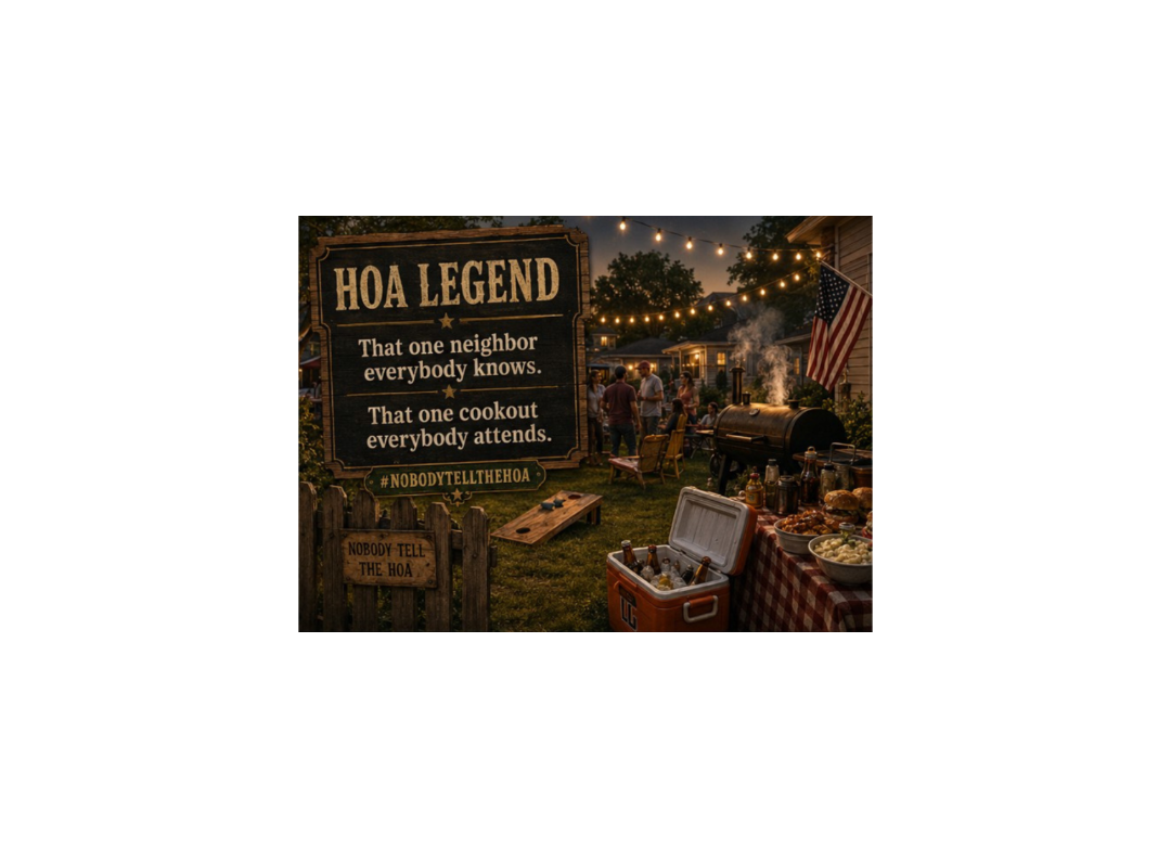 Outdoor cookout scene with 'HOA Legend' sign and people gathered around a grill.
