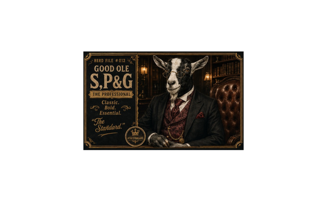 Goat in a suit with vintage-style text and design elements