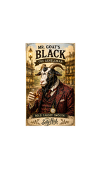 Vintage-style poster of a goat in a suit holding a glass of whiskey, with text 'Mr. Goat's Black The Gentleman' and 'The Salty Herb'.