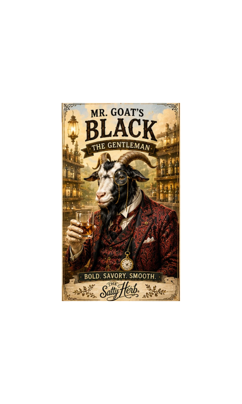 Vintage-style poster of a goat in a suit holding a glass of whiskey, with text 'Mr. Goat's Black The Gentleman' and 'The Salty Herb'.