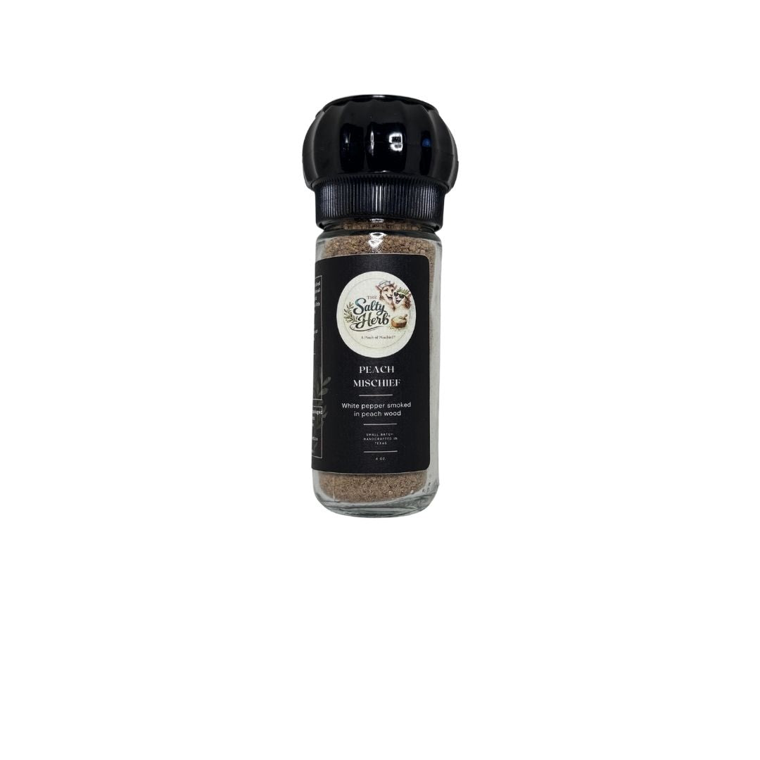 Spice grinder with a label on a white background