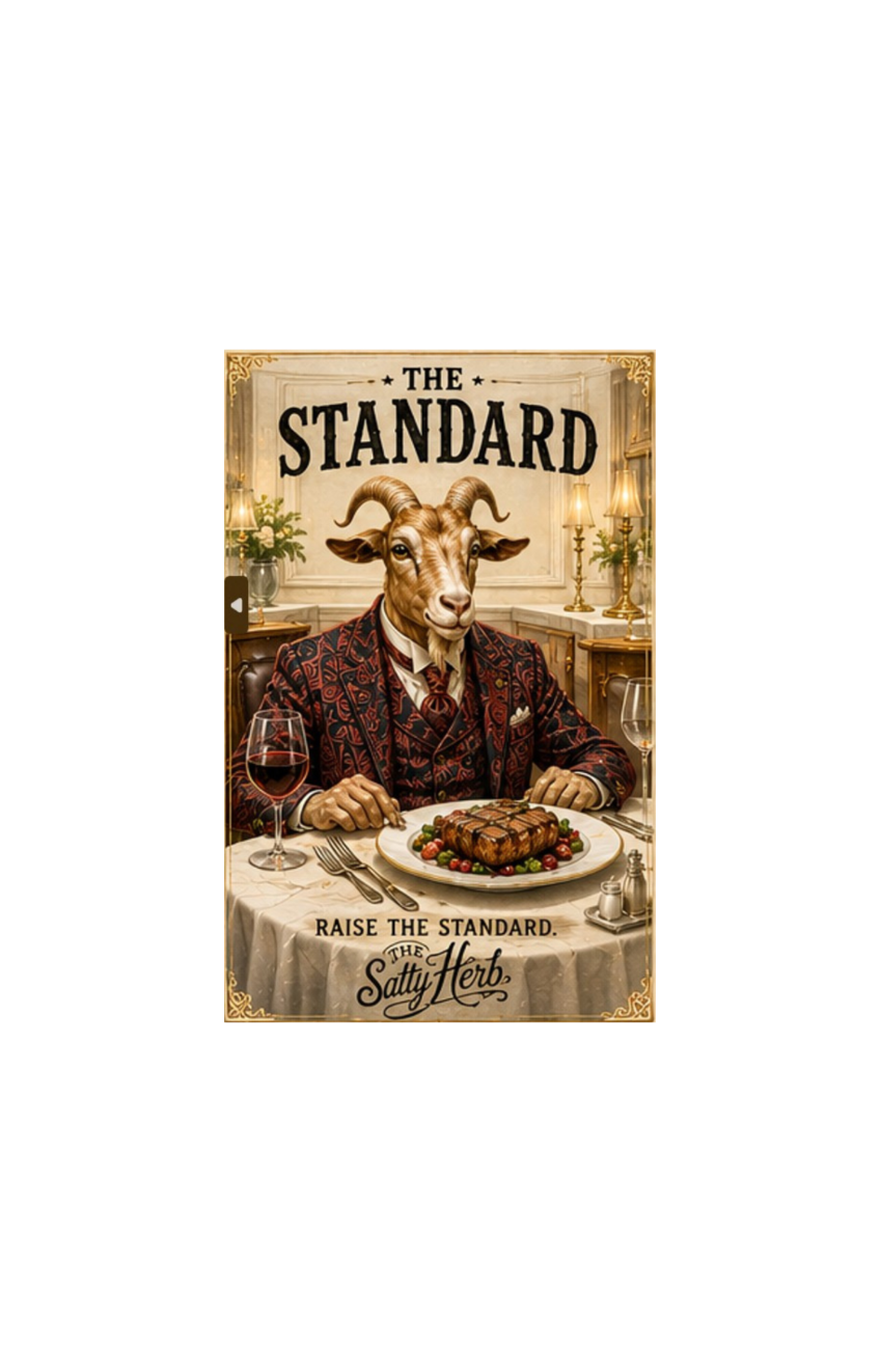 Goat in a suit with a plate of food and glass of wine, sitting at a table with 'The Standard' branding.
