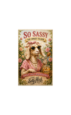 Vintage-style poster with a sheep wearing sunglasses and a pink outfit, holding honey, surrounded by flowers and text.