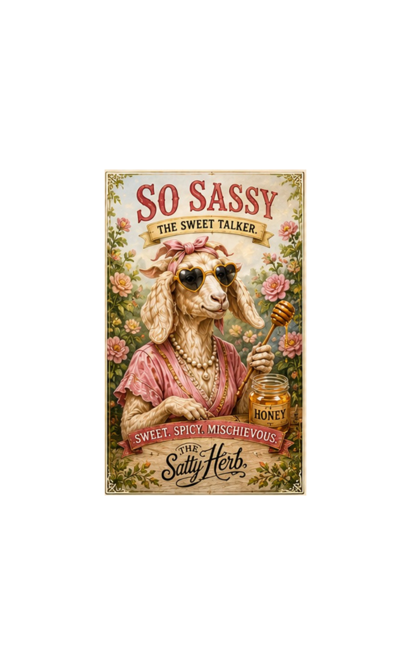Vintage-style poster with a sheep wearing sunglasses and a pink outfit, holding honey, surrounded by flowers and text.