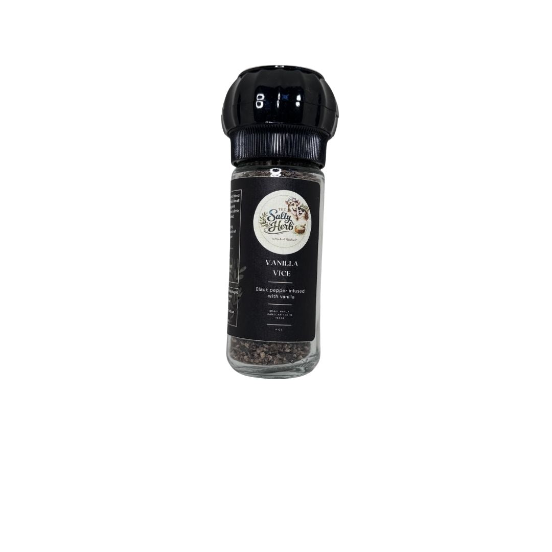 Spice grinder with vanilla flavor on a white background