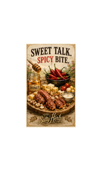 Vintage-style advertisement for 'The Salty Herb' with honey, peppers, and meats on a wooden board.