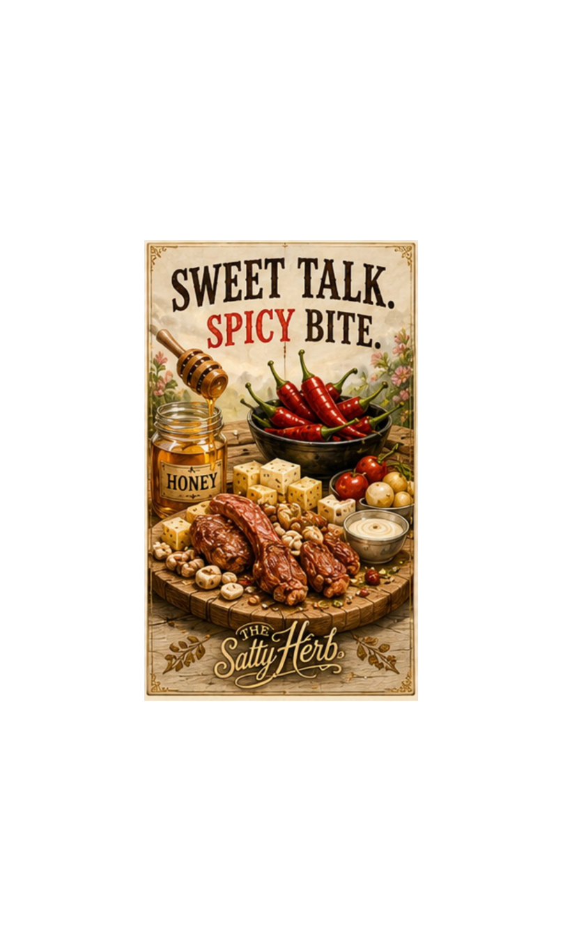 Vintage-style advertisement for 'The Salty Herb' with honey, peppers, and meats on a wooden board.