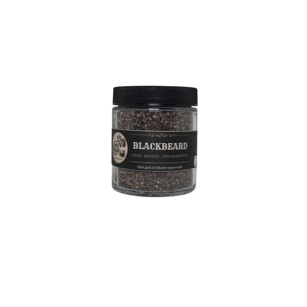 Jar of black pepper with 'Blackbeard' label on a white background